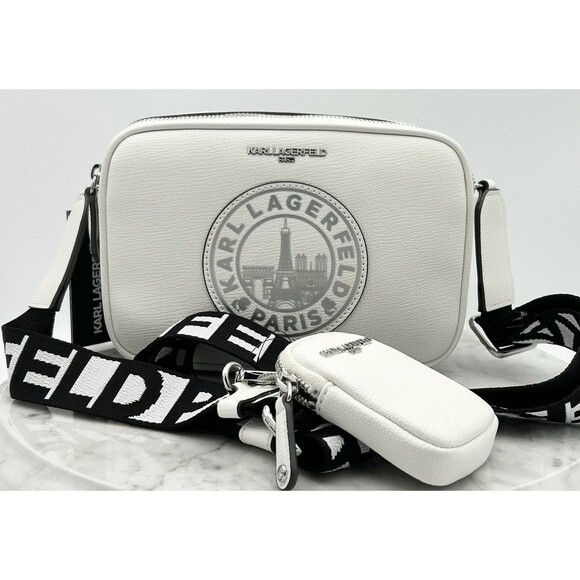 Karl Lagerfeld Crossbody White Paris Skyline Camera Bag Purse & Mini Wallet NWT - Picture 4 of 8